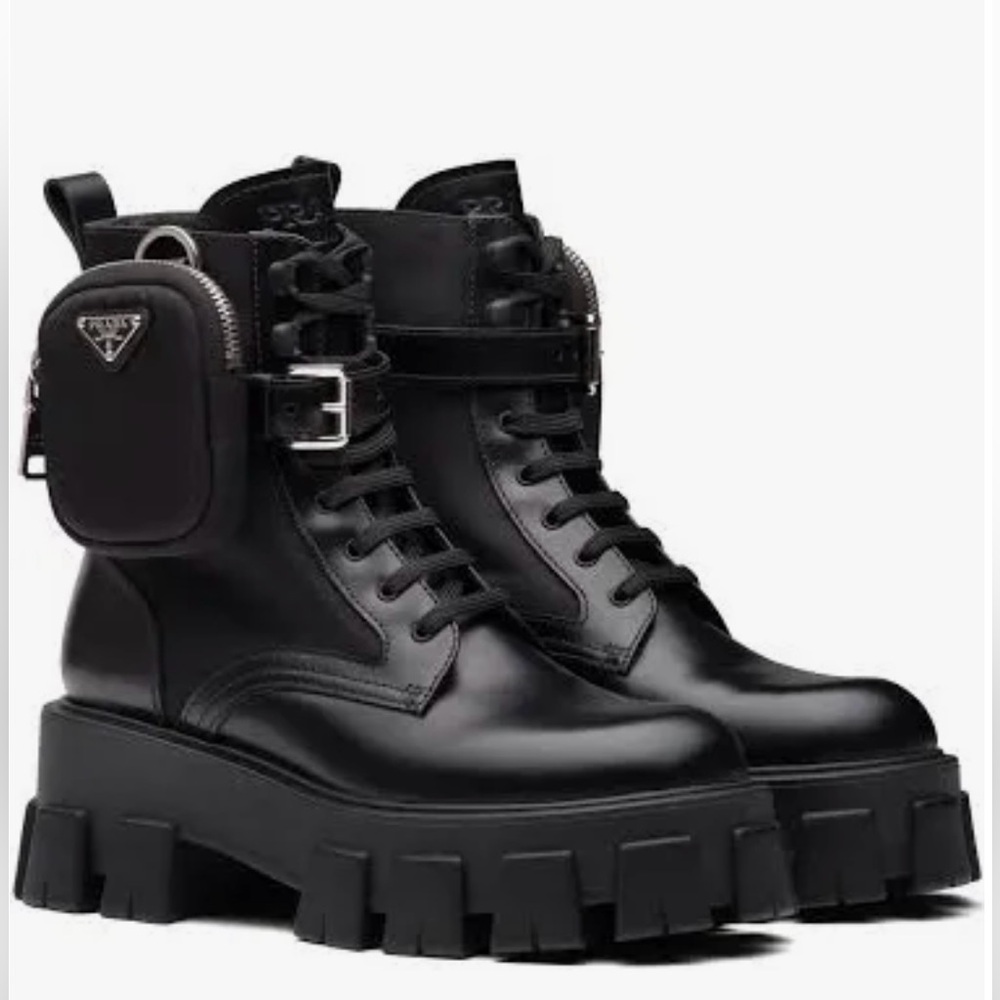 Prada 
Monolith leather and Re-Nylon boots with pouch